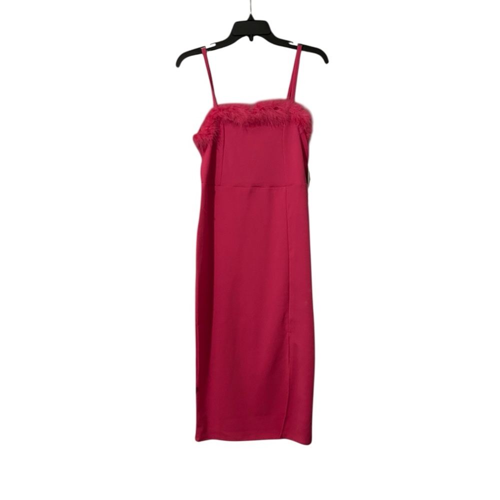 Pink Spaghetti Strap Bodycon Cocktail Dress with Feather Neckline
